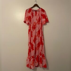 Buddy Love Red and Pink Artsy Flutter Sleeve Button Front Maxi Dress